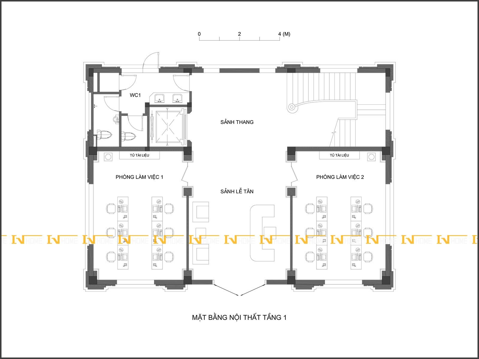 160115, mặt bằng lễ tân, phòng làm việc tầng 1.