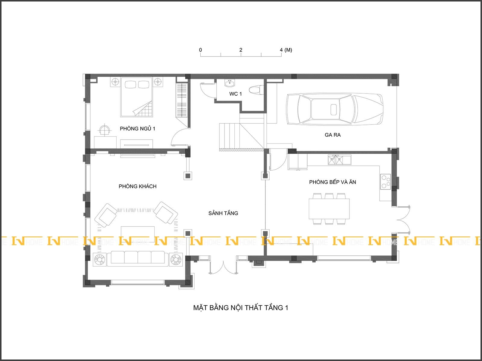 180324-1, mặt bằng phòng khách, bếp, ăn, gara, ngủ 1.