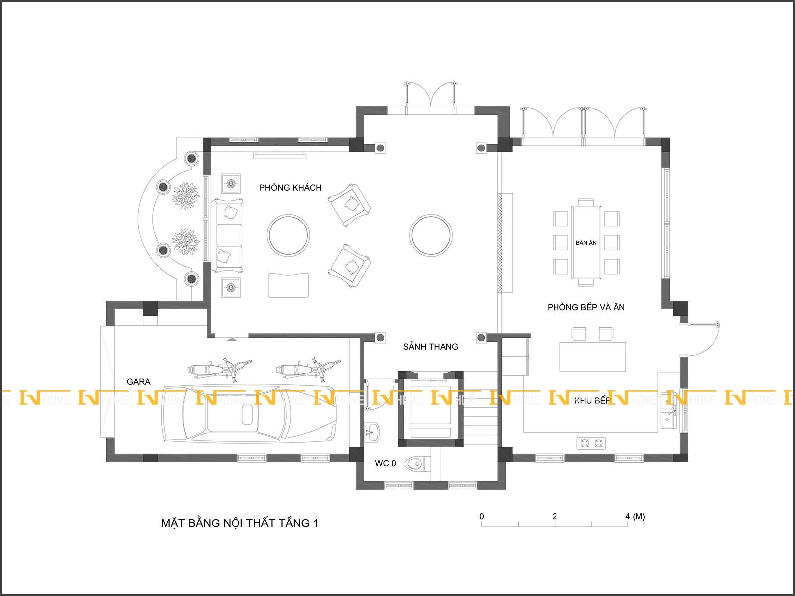 190401-1, mặt bằng gara, phòng khách, bếp và ăn tầng 1.