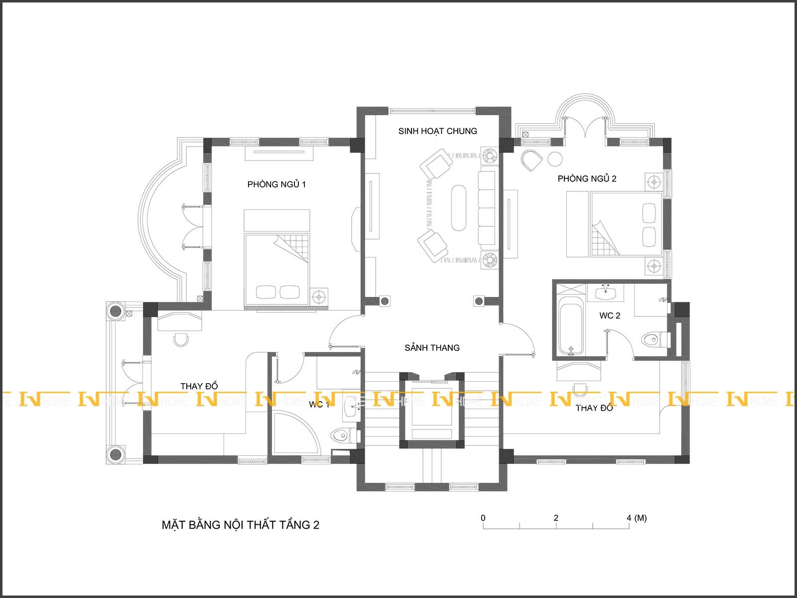 190401-1, mặt bằng phòng ngủ 1,2, sinh hoạt chung tầng 2.