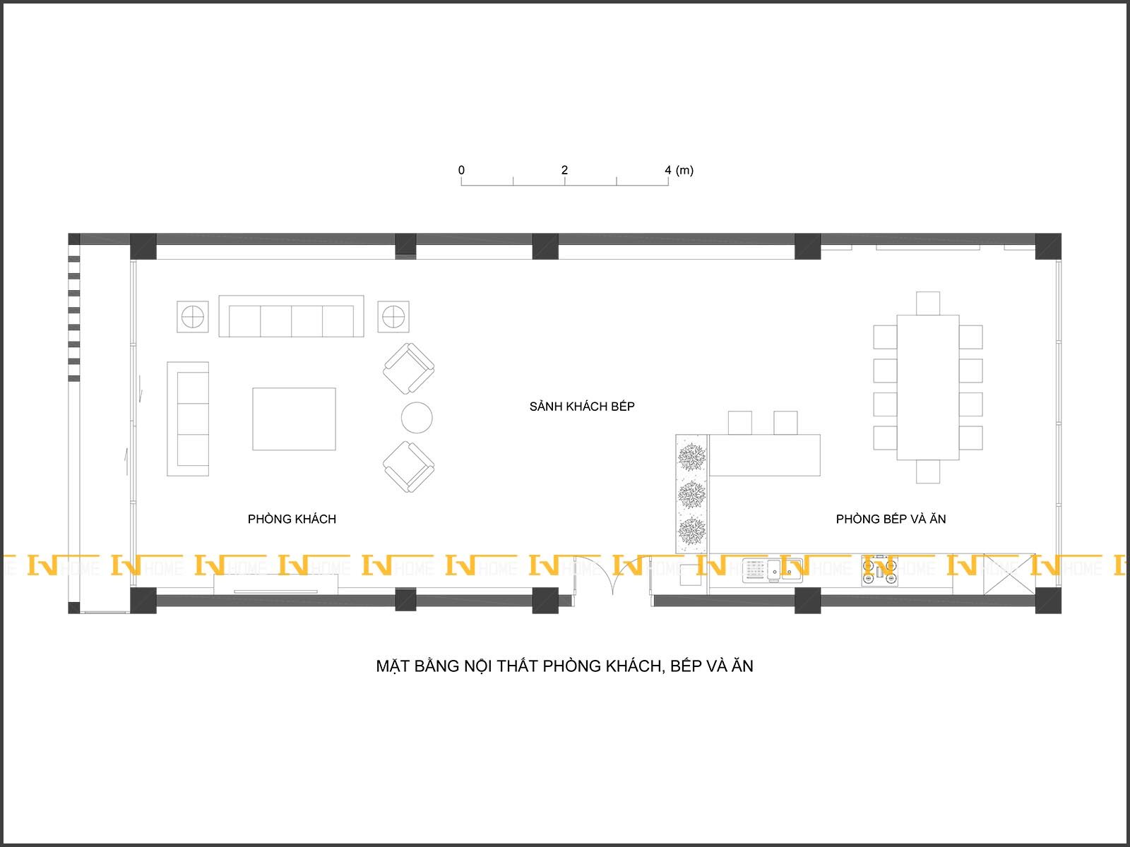 191108, mặt bằng nội thất phòng khách, bếp và ăn 138m2.