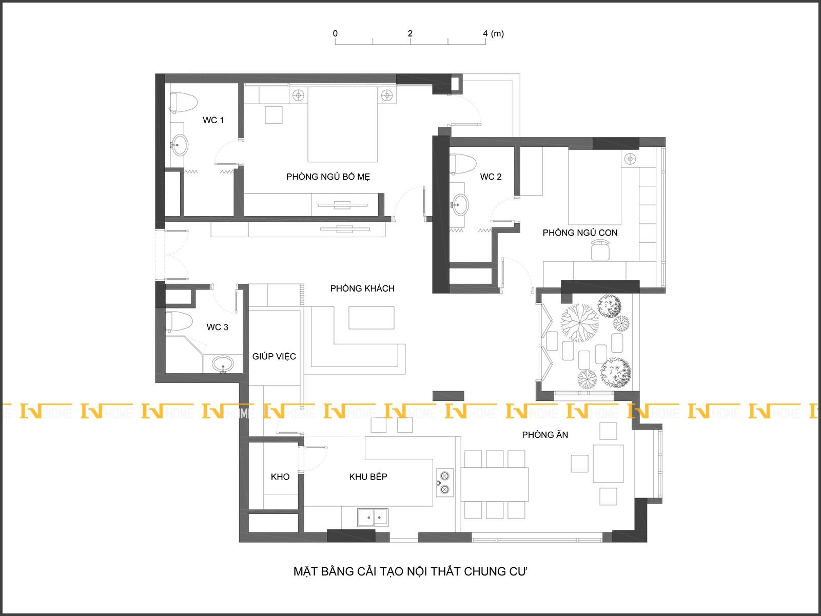 200426, mặt bằng cải tạo nội thất căn hộ 150 m2.