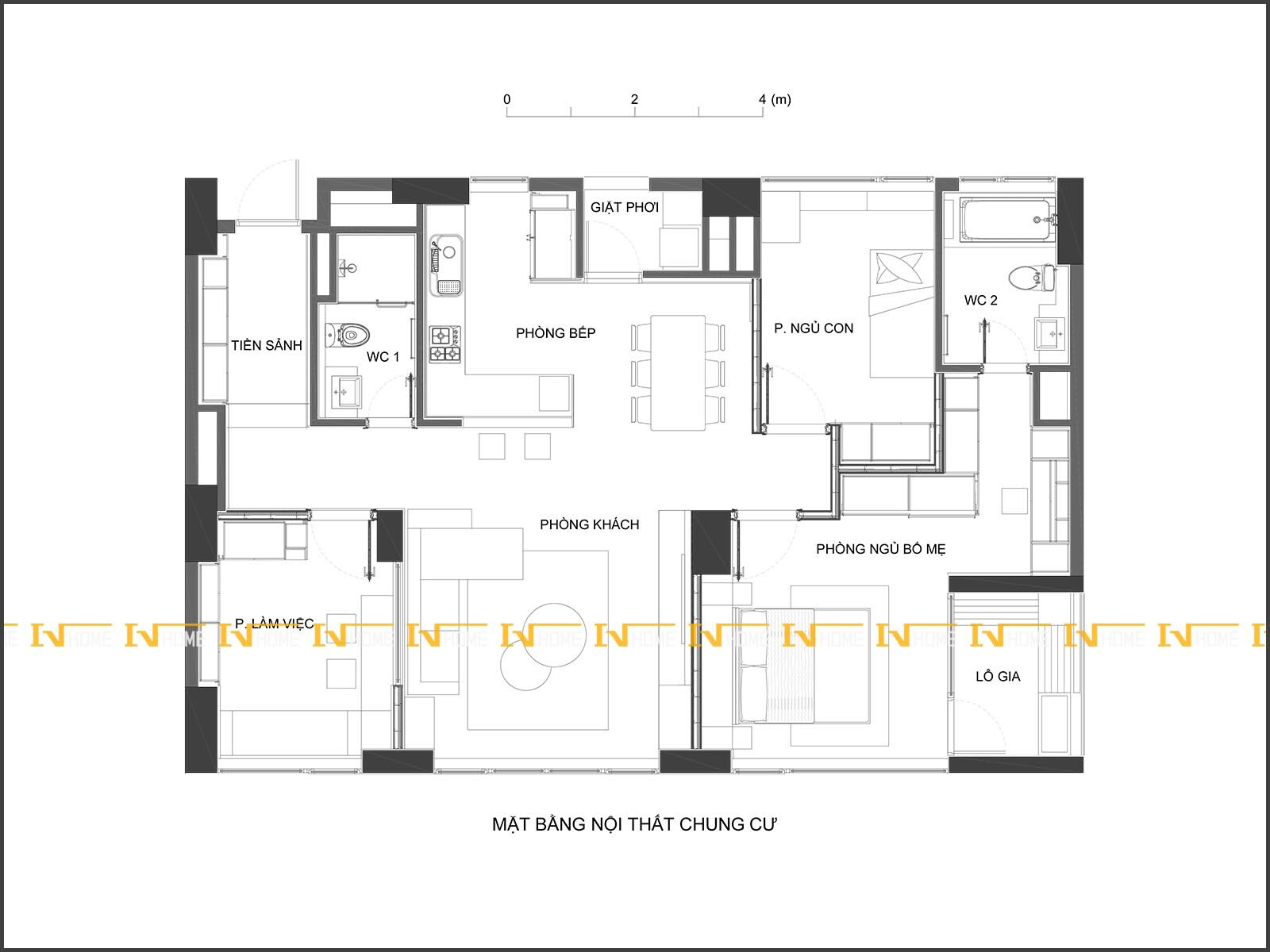 200710-2, mặt bằng nội thất chung cư 130 m2.