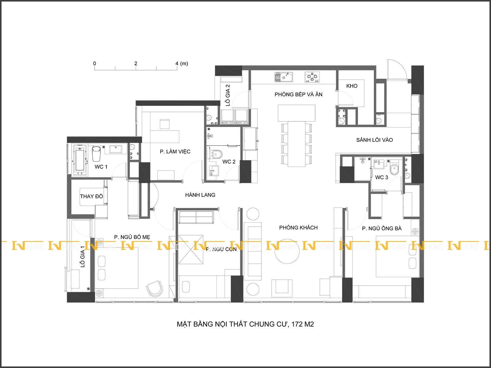 201101, mặt bằng nội thất chung cư 172 m2.