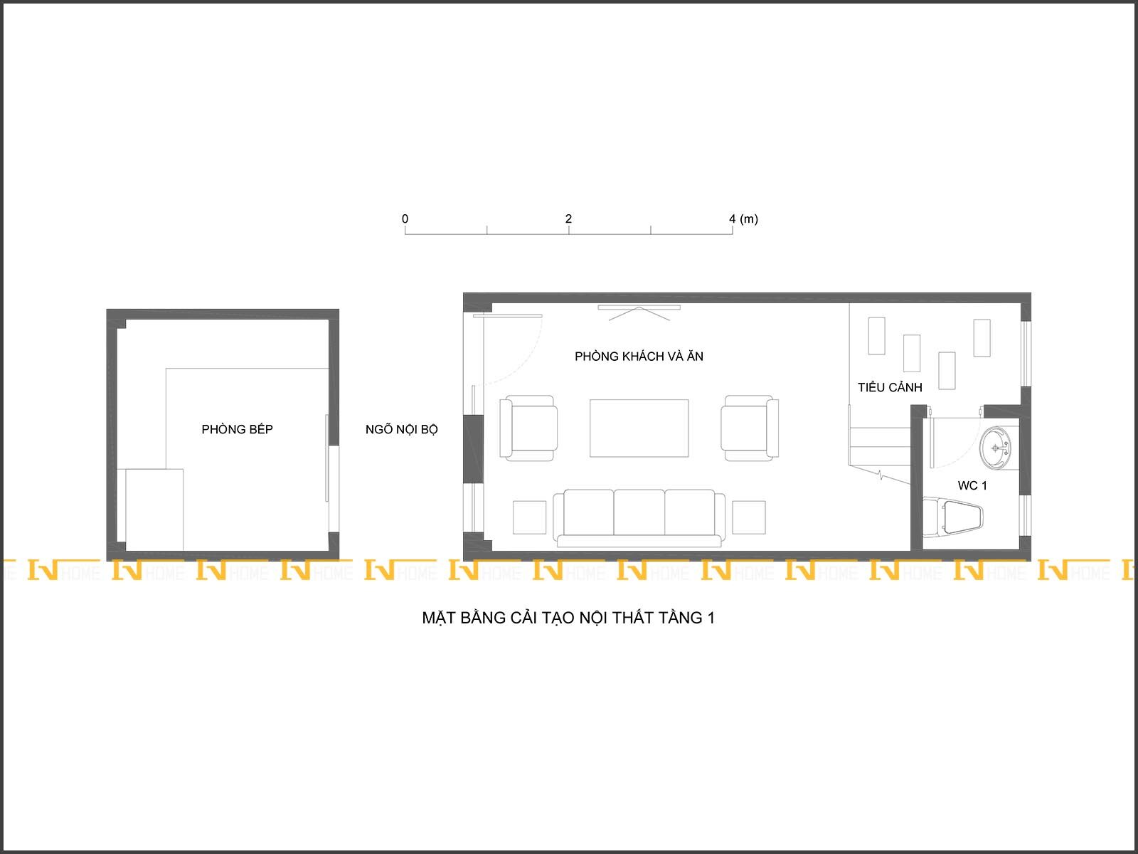 210318, mặt bằng phòng khách, bếp tầng 1, 32m2.