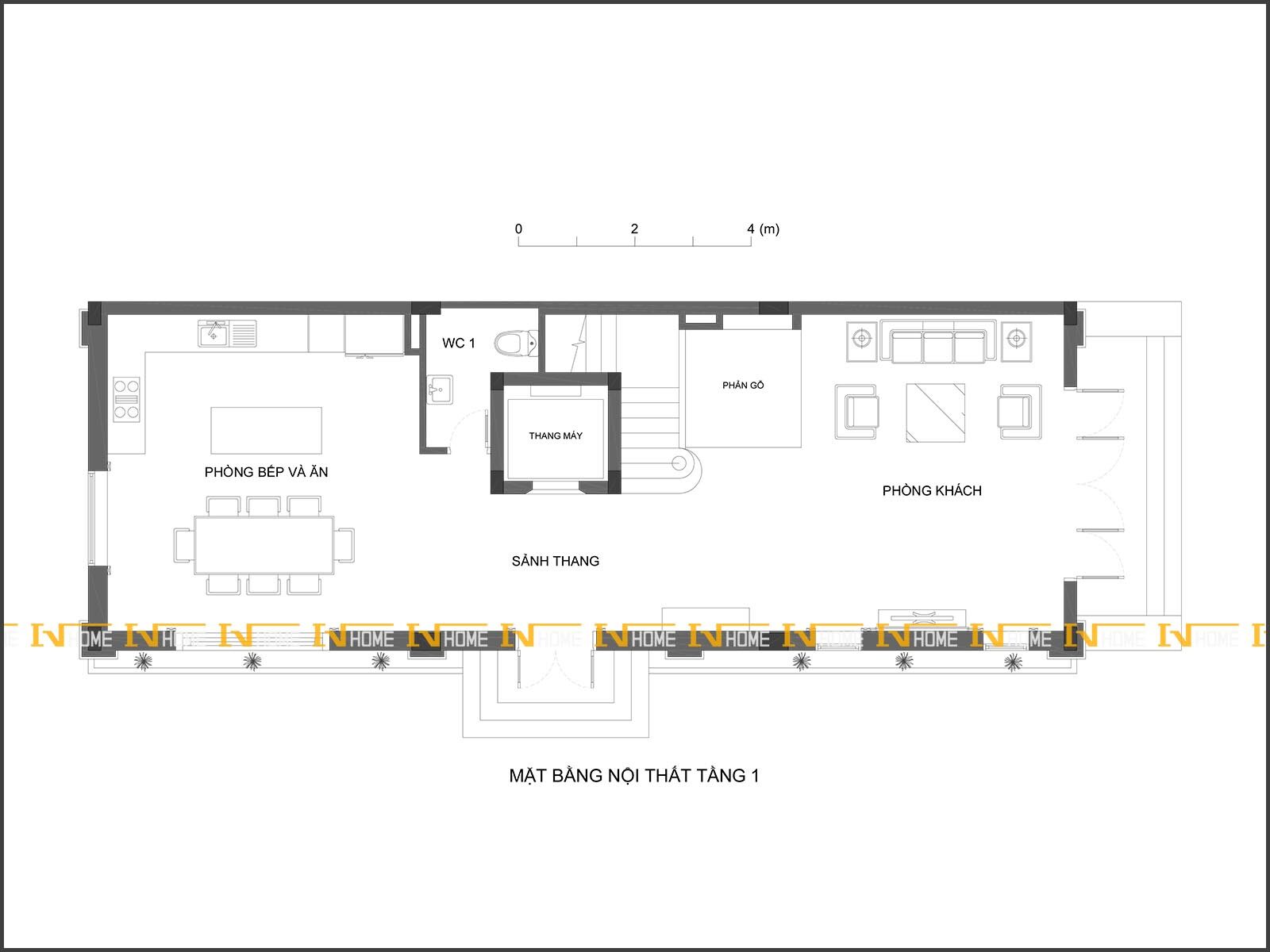 210418, mặt bằng phòng khách, bếp, ăn tầng 1, 102m2.